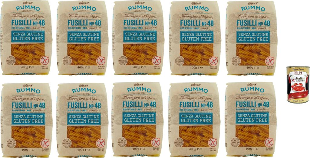 Rummo Pasta Fusilli N° 48 senza Glutine, gluten free, 100% italienische Pasta nudeln glutenfrei 10x 400g + Italian Gourmet polpa 400g