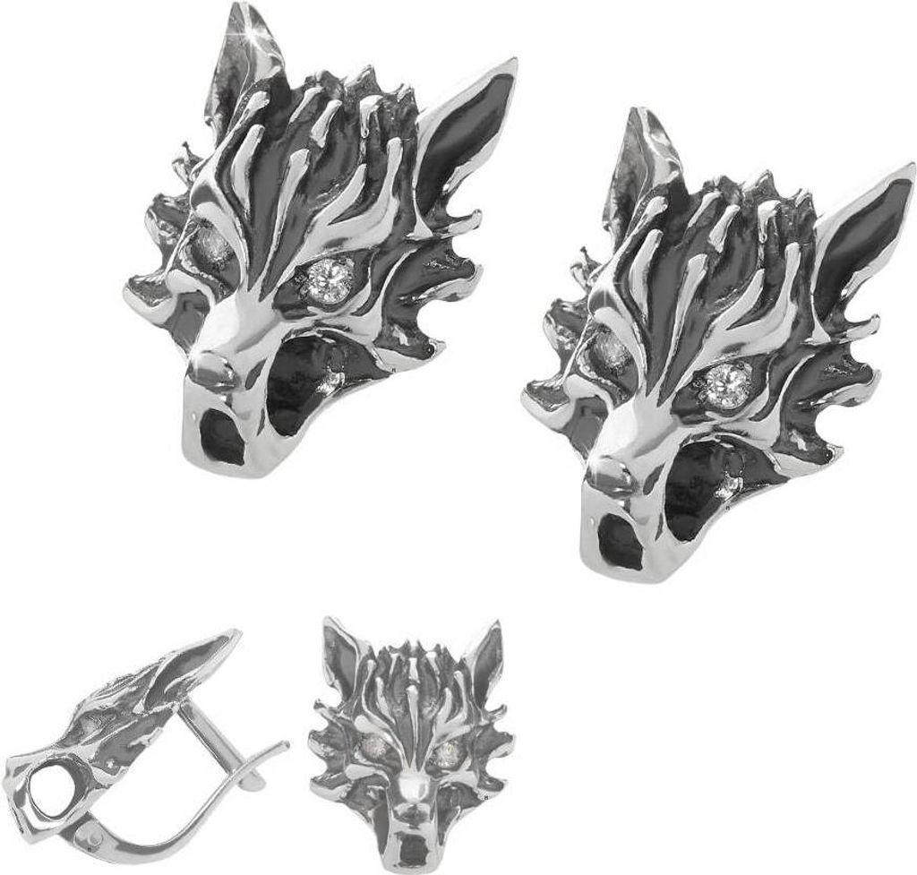 Paar 925 Sterlingsilber Wolfskopf Ohrringe Bikerschmuck Gothic Zirkon Weiß 6161