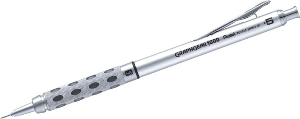 A silver mechanical pencil with a textured grip is shown against a white background.