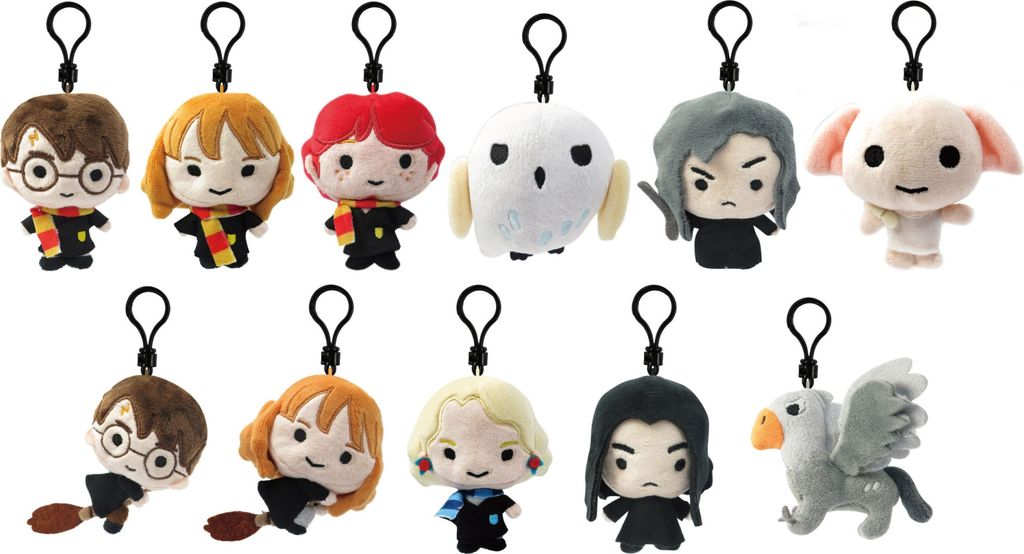 A collection of Harry Potter themed plush keychains arranged in two rows against a white background.