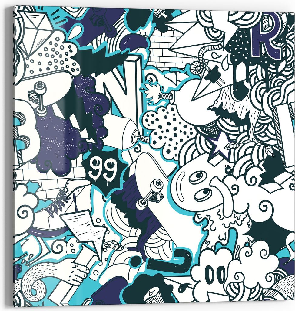 DEQORI Glasbild Echtglas 50x50 cm 'Urbaner Doodle-Mix' Wandbild Bild modern Deko