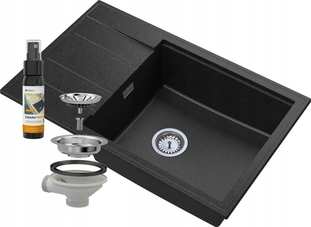 Granitan | Granitspüle LOUIS - Einbau - 5 Farben - mit Abtropffläche und Chrom-Syphon