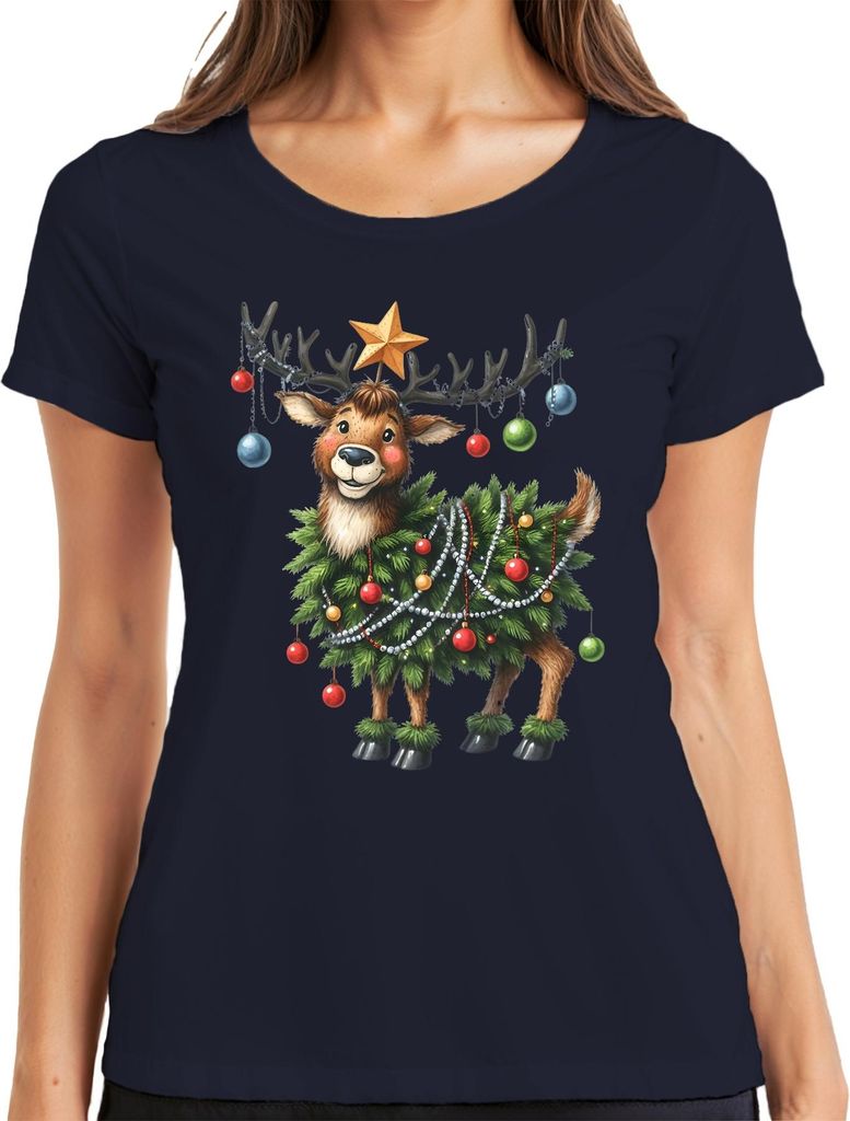 Weihnachtsrentier Niedlich Lustig Weihnachtsbaum Kugeln Geschenk Damen T-Shirt, Navy, 3XL