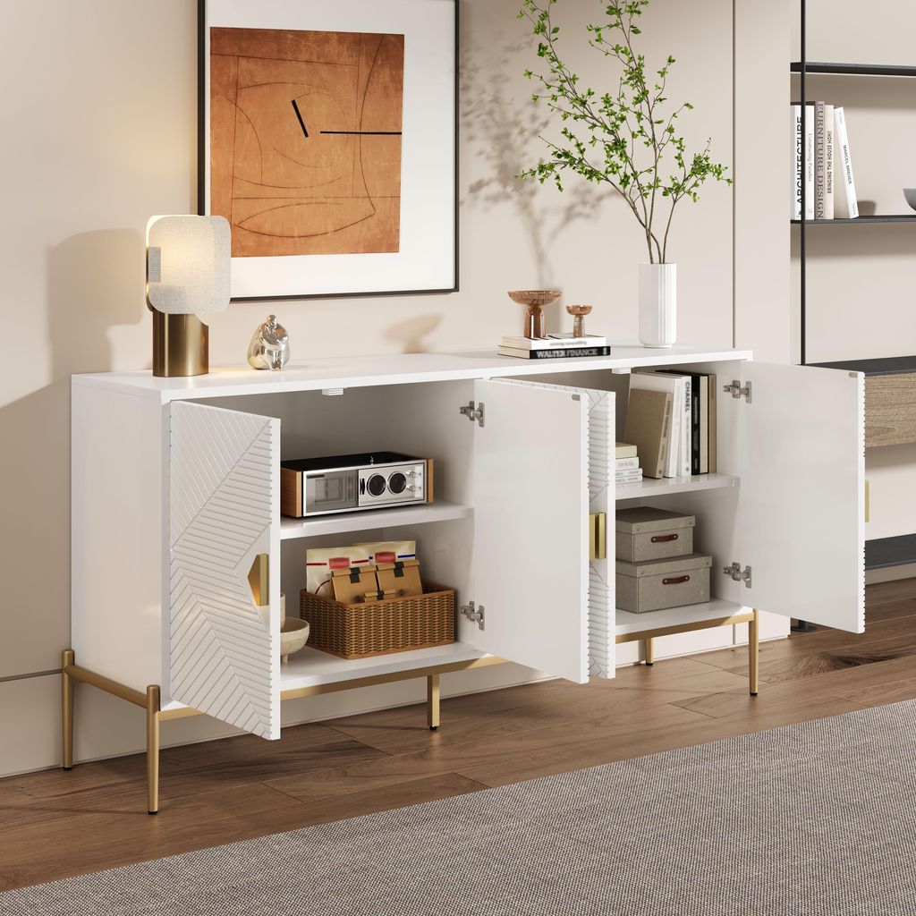 STILVORA Modernes Sideboard mit viertürige Design und Metallrahmen,Schränke Flurschrank mit goldene Griffe und Metallbeine,Weiß