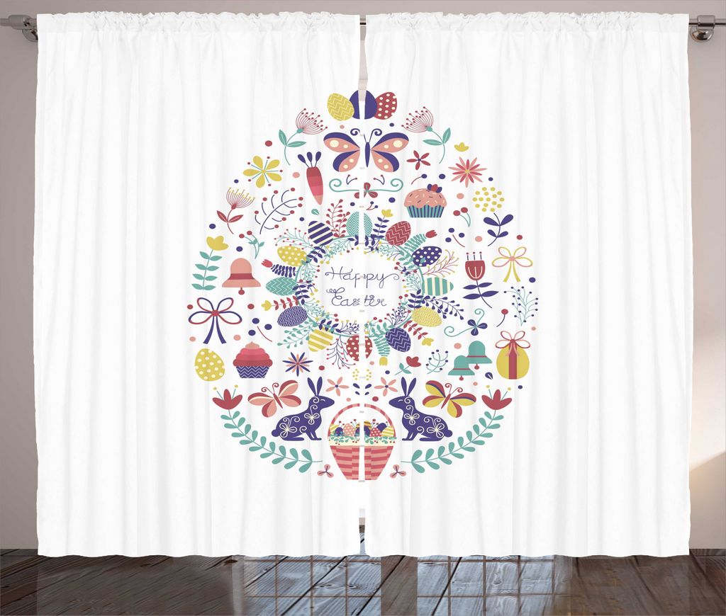 ABAKUHAUS Osterhase Rustikaler Vorhang, Happyy Zusammensetzung, Wohnzimmer Universalband Gardinen mit Schlaufen und Haken, 280 x 245 cm, Mehrfarbig