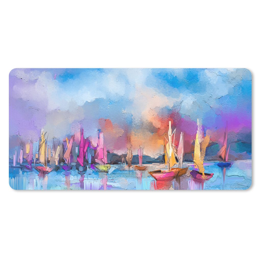 MuchoWow Schreibtischunterlage Malerei - Boote - Wasser 80x40 cm - XXL Mauspad - Gaming Mauspad