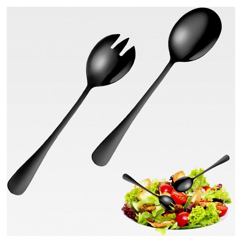 Salatbesteck Set aus 2 Teilen aus Edelstahl, Schwarz, mit Salatlöffel und Salatgabel