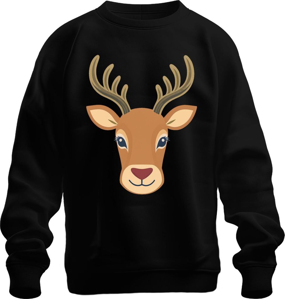 Hirschkopf Rehkopf Niedlich Kinder Waldbewohner Tiermotiv Boho Uni Sweatshirt Pullover, Schwarz, S