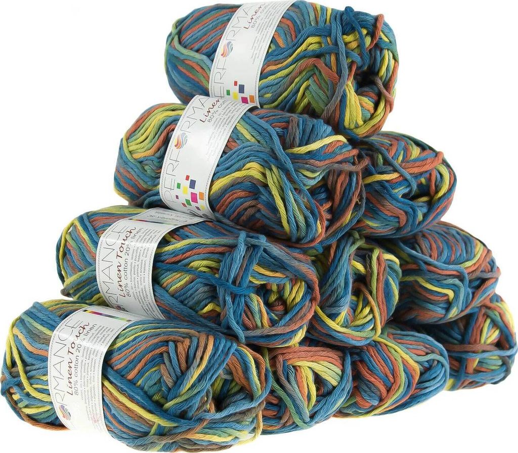 500g Strickgarn Linen Touch Baumwolle Leinen Häkelgarn Wolle Farbauswahl, Farbe:9060 gelb-blau-braun