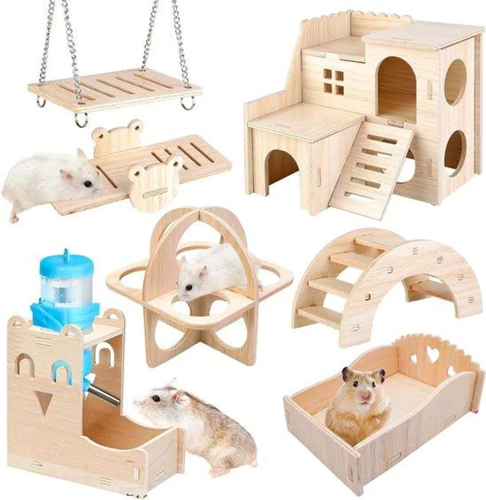 Lot de 8 jouets en bois pour rongeurs : cabane, pont et balançoires DIY