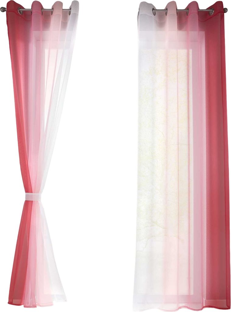Two sets of curtains hanging against a white background. The left set is tied back with a fabric band, showing a gradient from dark pink to white. The right set is fully extended, revealing a sheer white curtain with a subtle pattern behind a solid pink ou
