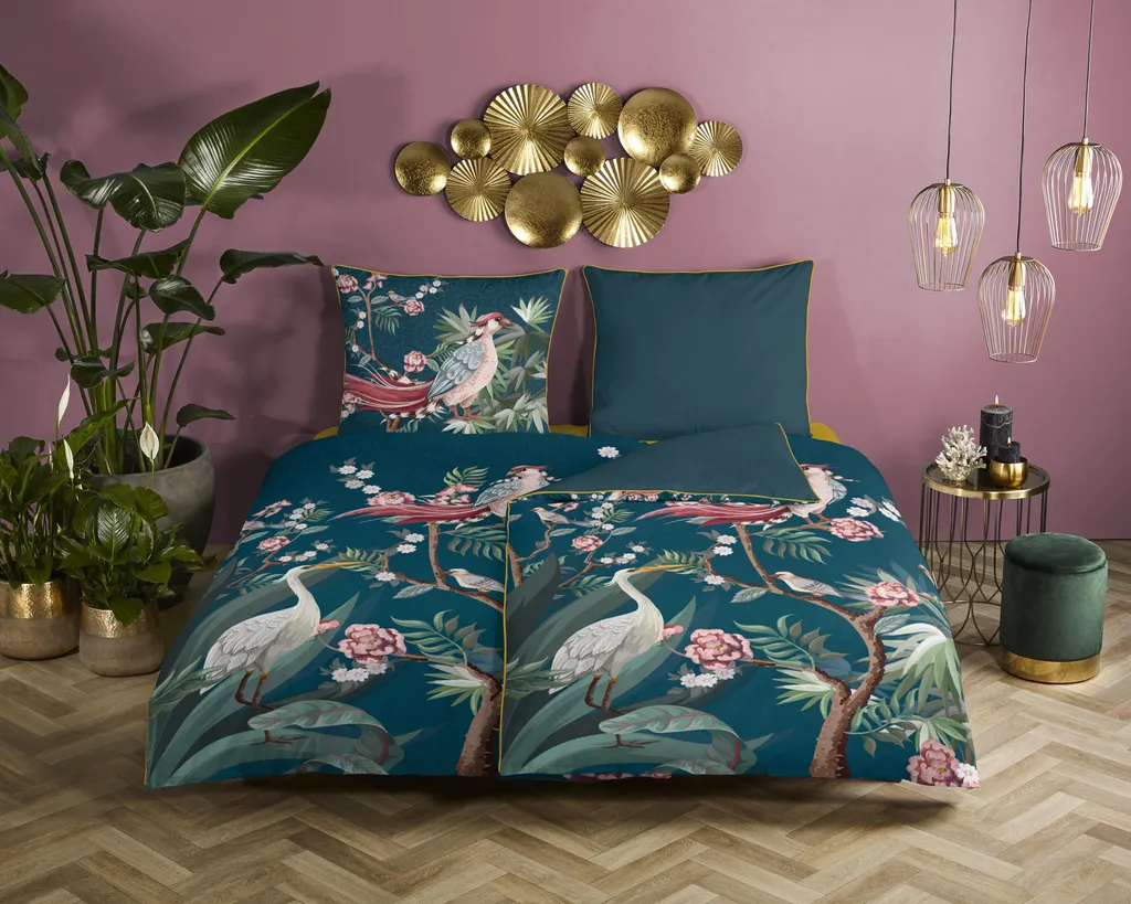 Lush Decor Aster Set Biancheria Da Letto Double-Face 5 Pezzi - Motivo Floreale Corallo E Blu Navy - Piumone 230g/m² E Federe - 2