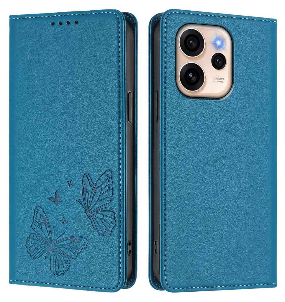 Lederhülle für Oppo Reno15 5G, Schmetterling Prägung Leder Brieftasche Schutzhülle mit Ständer Blau