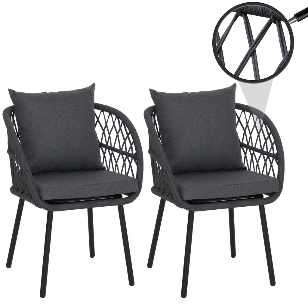 2er-Set Gartenstuhl MCW-Q38, Gartensessel Armlehne, Aluminium Seilgeflecht Rope Gestell schwarz, Polster anthrazit