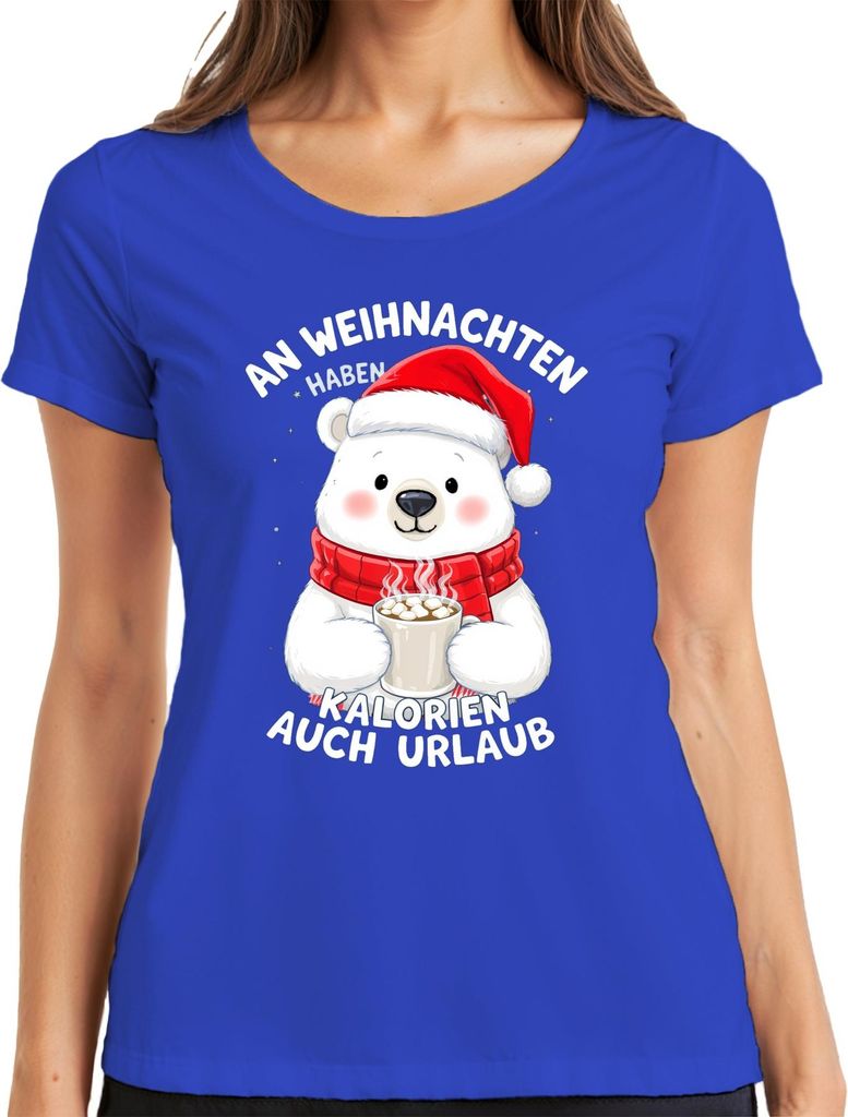 Weihnachten Eisbär Kalorien Urlaub Kakao lustig Geschenk Damen T-Shirt, Blau, M