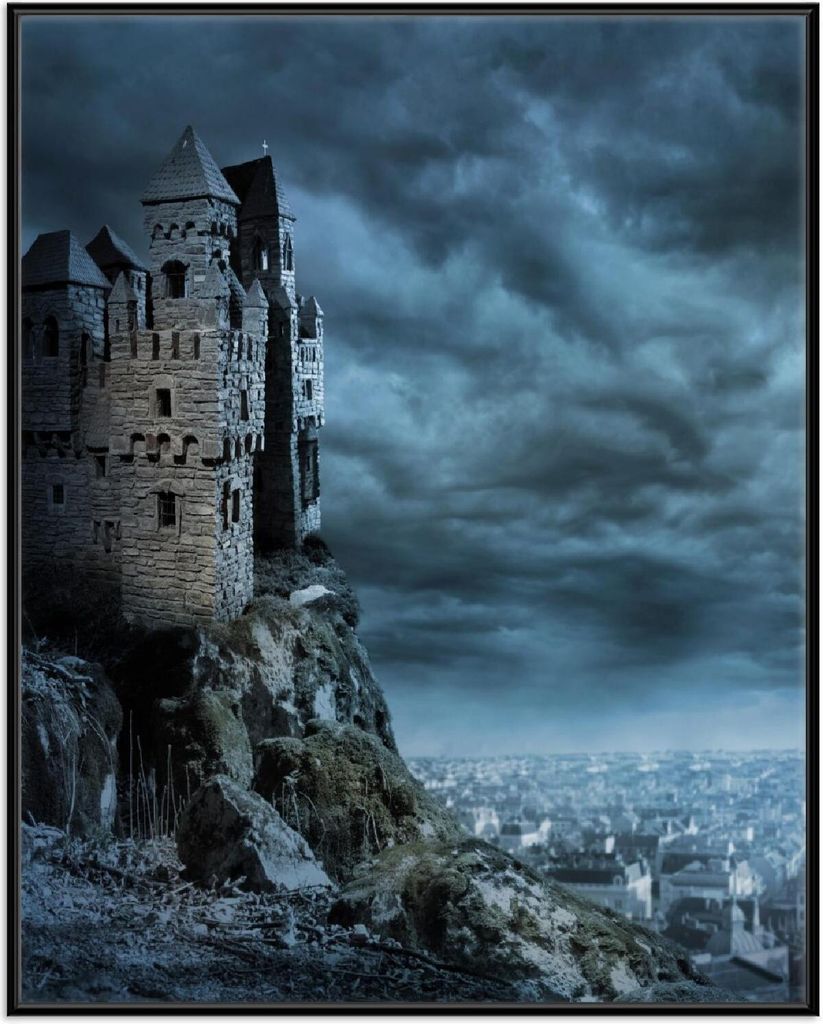 Wallario Wandbild Altes Geisterschloss, Größe: 40,30 x 50,30 cm, Poster mit schwarzem Aluminiumrahmen