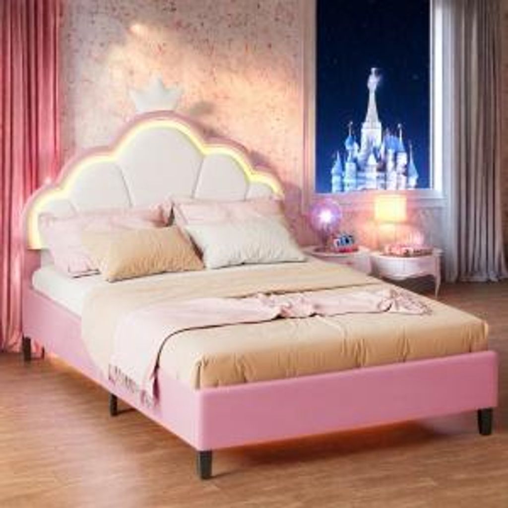 UnboxG Kinderbett (90x200cm) mit Lichtstreifen, Polsterbett mit Kronenartigem Kopfteil, Einfach & Zeitsparend Montierbar, Rosa+Weiß