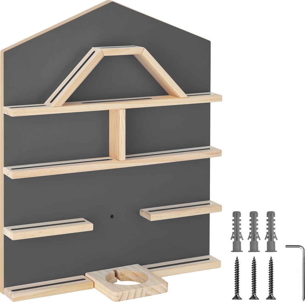 A wall-mounted shelf unit with wooden accents against a dark gray background.