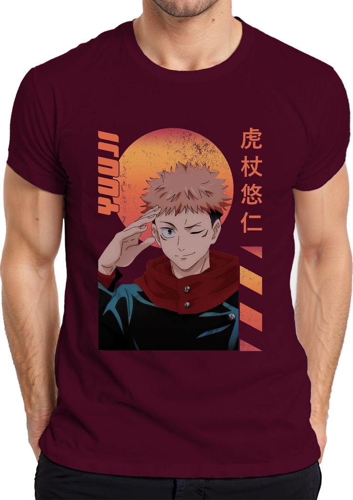 Jujutsu Kaisen Itadori Yuji zwinkernd Anime Geschenk Retro Herren T-Shirt, Burgundy, S