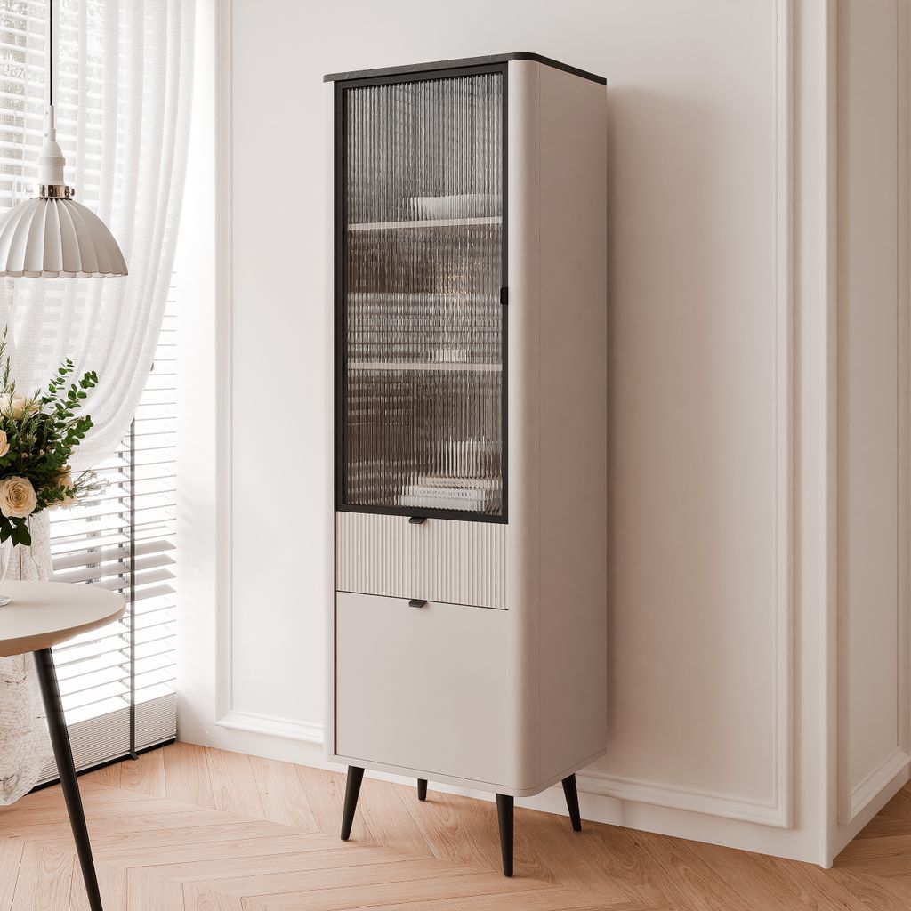 Hohe Standvitrine NAVANI 60 cm Glasvitrine mit Schublade und Metallfüßen Wohnzimmerschrank Standregal Modernes Design Stauraum mit Glasfront NAVA...