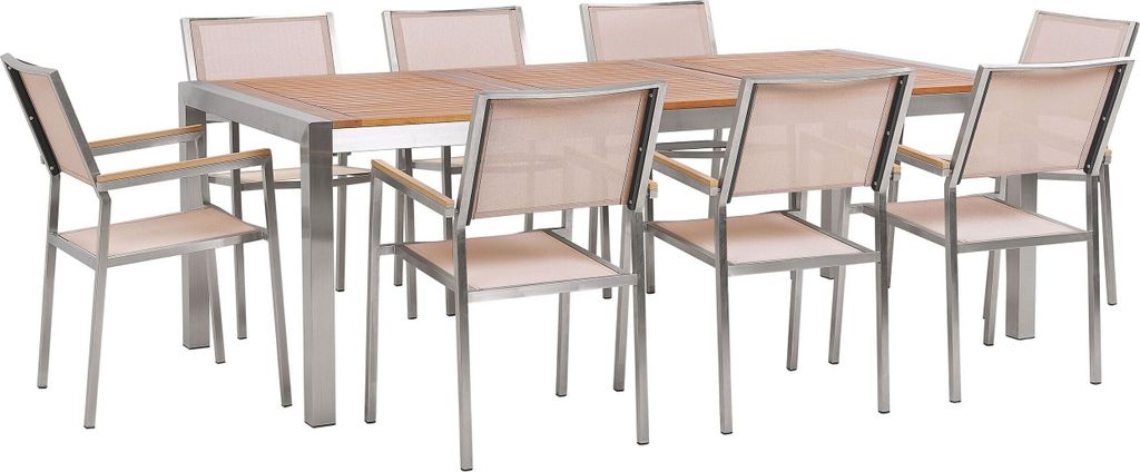 BELIANI Gartenmöbel Set Eukalyptusholz Edelstahl Tisch 220 cm 8 Stühle Beige Terrasse Outdoor Modern Garten Terrasse