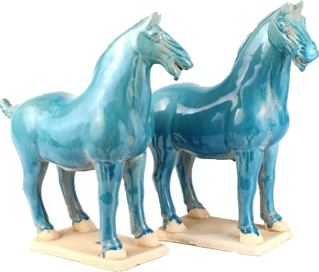 Fine Asianliving Cheval Chinois Tang en Céramique Bleu Set/2 H26cm