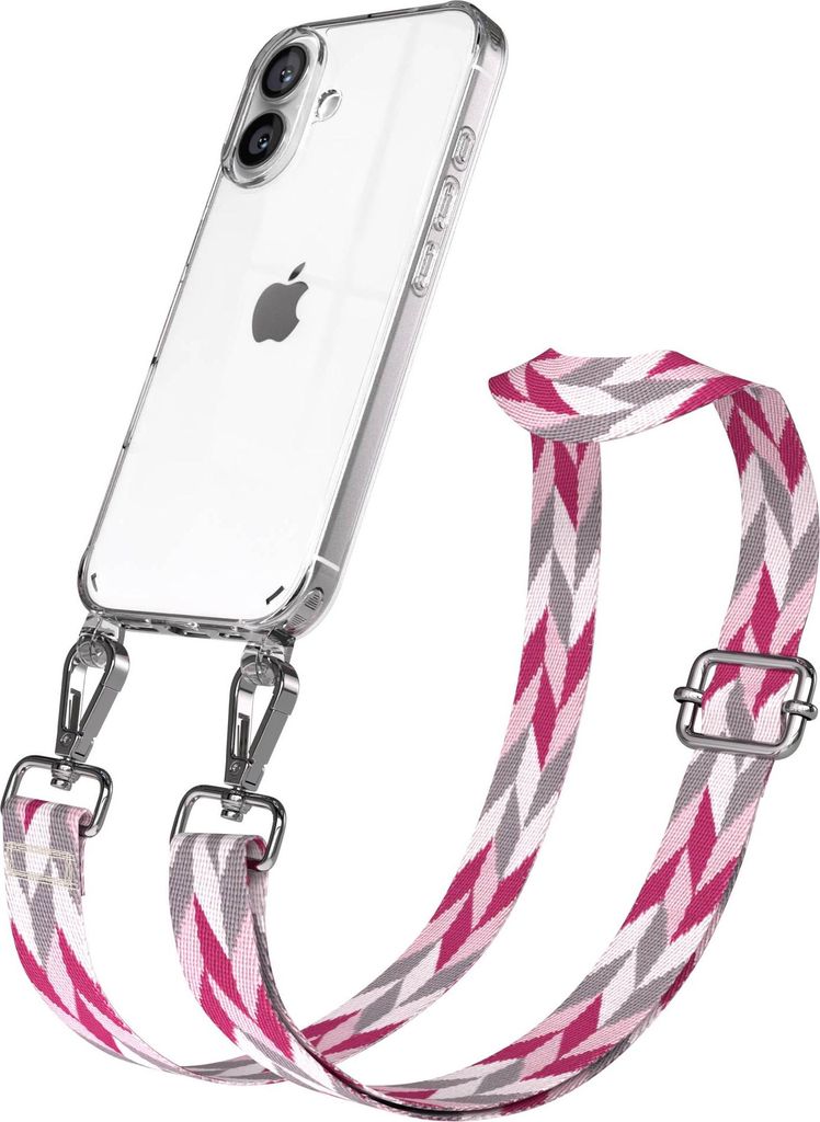 EAZY CASE Handykette - Verstellbarer Trageriemen kompatibel mit Apple iPhone 16, Handykordel mit transparenter Silikon-Hülle, Karabiner Silber, Mi...