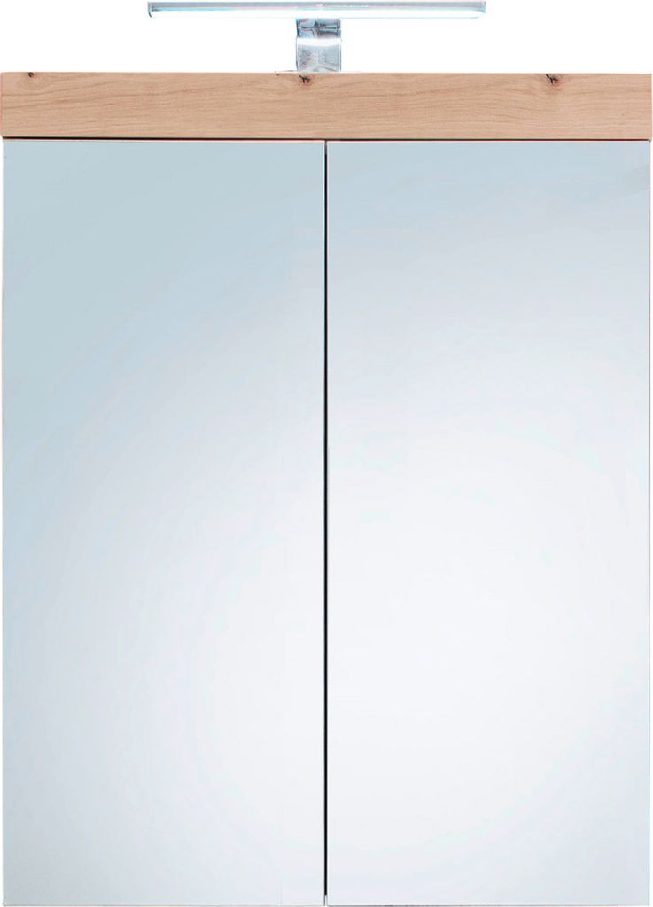 AmandaMando Bad Spiegelschrank 2 Türen einschl. Licht hell Eiche Nachbildung, Spiegelglas.