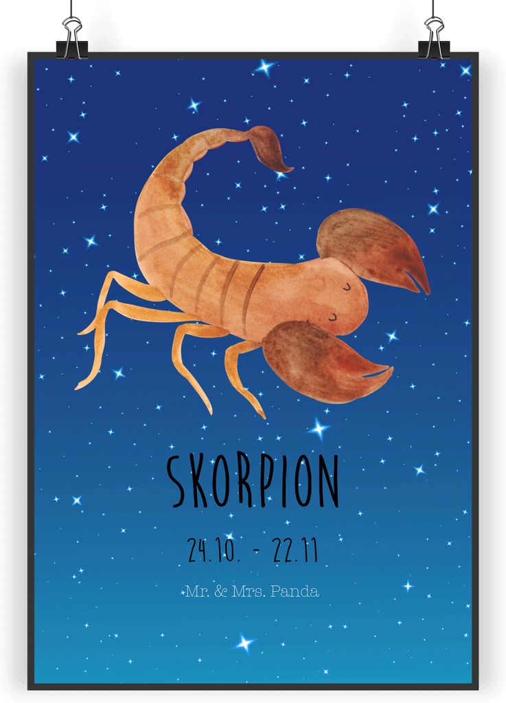 Mr. & Mrs. Panda Bild Sternzeichen Skorpion Classic DIN A3 - Sternenhimmel Blau - Geschenk, drucke, Oktober, wanddeko, Geburtstag, Plakat, November...