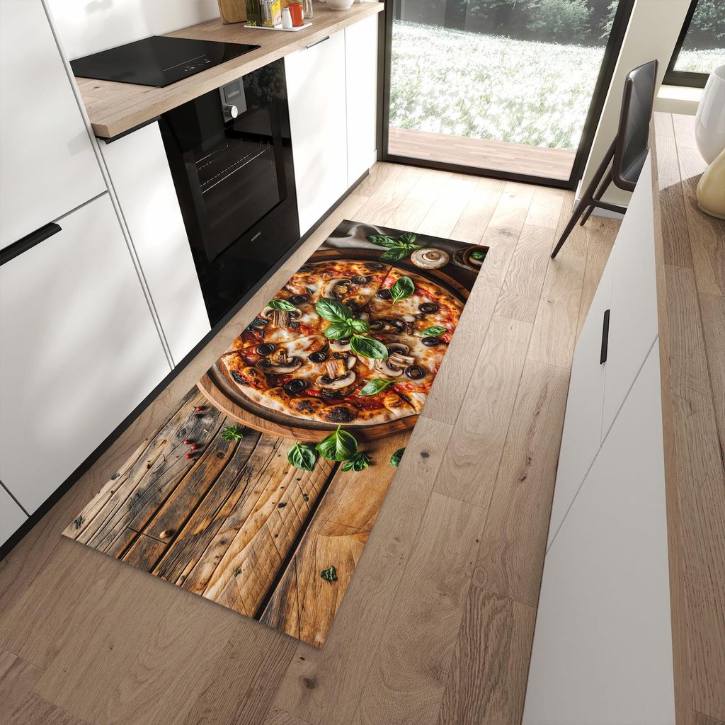 Küchenteppich 80x200cm rutschfest & abwischbar PVC Läufer - Holztisch Pizza