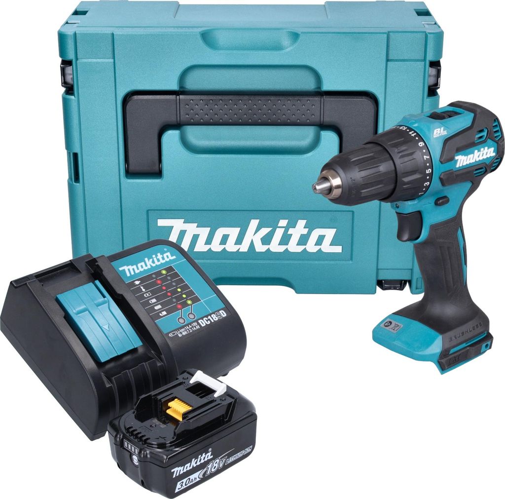 Makita DHP 490 SF1J Akku Schlagbohrschrauber 18 V 65 Nm Brushless + 1x Akku 3,0 Ah + Ladegerät + Makpac