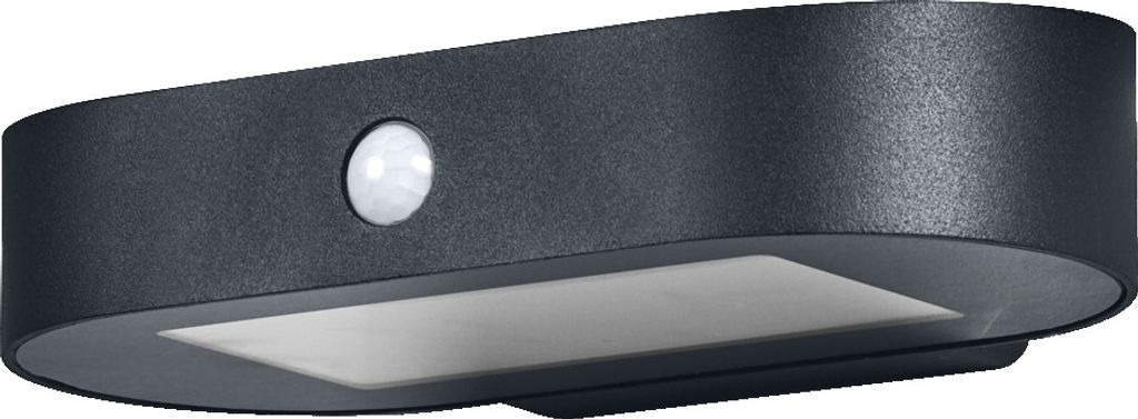 A product shot of an outdoor LED light fixture with a motion sensor.