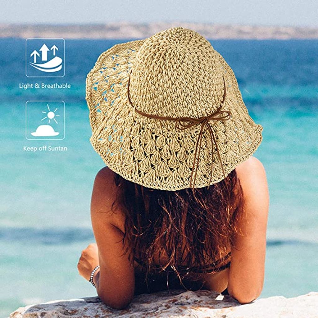 Frauen faltbare Damen Sommer Strohhüte Strand Sonnenhut Bogen Sonnenschutzkappe 
