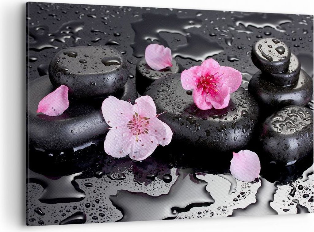Bild auf Leinwand - Leinwandbild - Blumen Steine Tropfen Spa - 100x70cm - Wand Bild - Wanddeko - Leinwanddruck - Bilder - Kunstdruck - Wanddekorati...