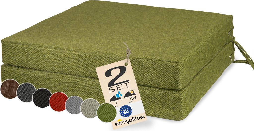 sunnypillow 2er Set Stuhlkissen 50 x 50 cm wasserdicht UV-lichtecht 7cm dick - Outdoor Polsterauflage mit Bändern - Auflage für Stühle,Bänke - ...