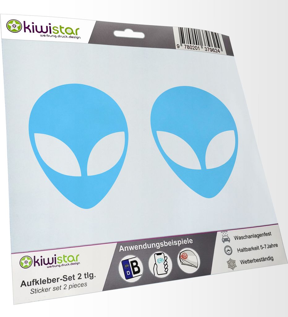 Kiwistar - 2x Kennzeichenaufkleber - lichtblau - 21 mm Alien - Außerirdischer - Autoaufkleber - Aufkleber für Auto, Laptop, Fahrrad, LKW, Motorra...