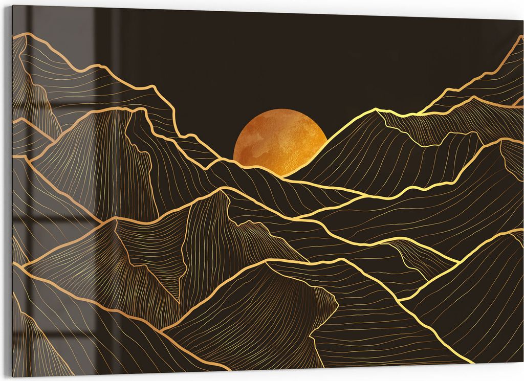 DEQORI Glasbild Echtglas 90x60 cm 'Goldenes Linien Gebirge' Wandbild Bild modern Deko