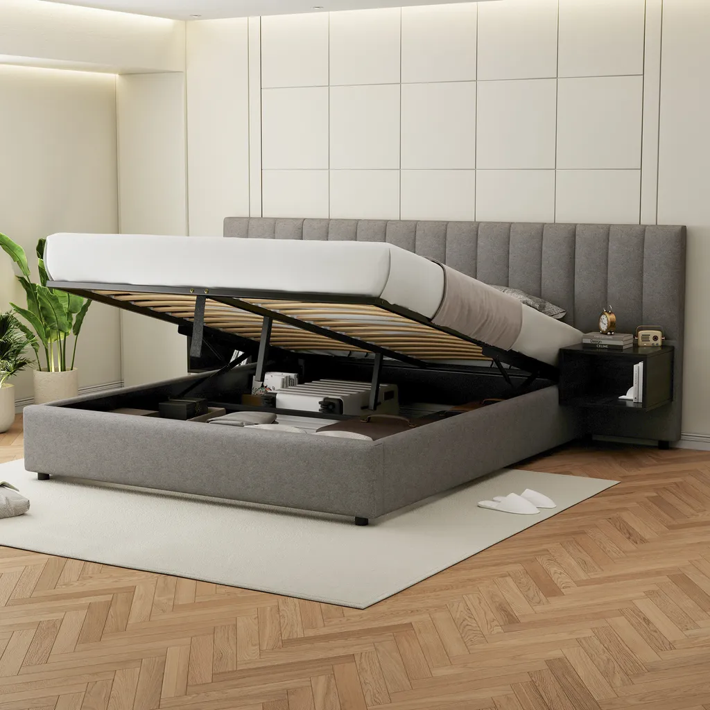 Lit double Boxspring 160x200 cm en lin gris avec rangement