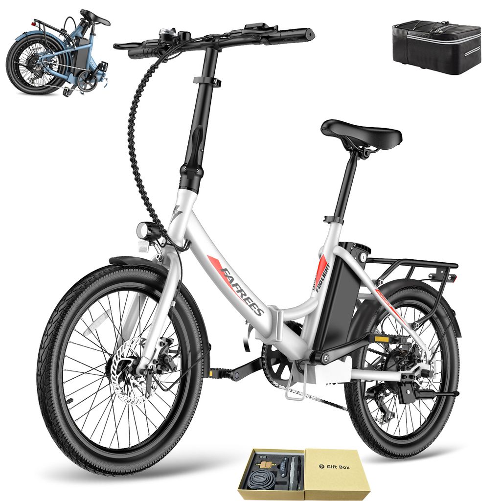 A white electric bicycle is displayed on a white background, with a small inset image of a folded blue bicycle in the upper left corner. Accessories like a storage bag and a gift box are also visible.