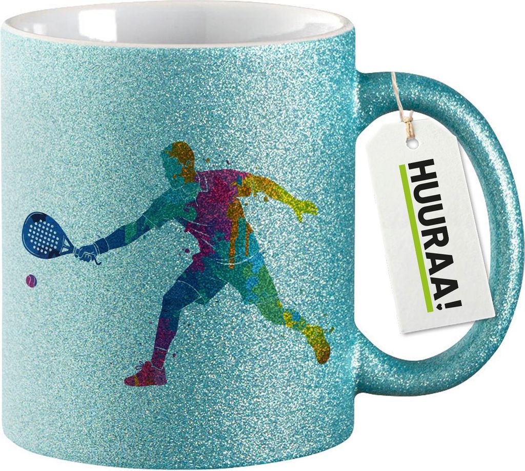 Huuraa Glitzertasse Padel Tennis bunte Silhouette 330ml Blau Keramik Kaffeebecher Geschenkidee