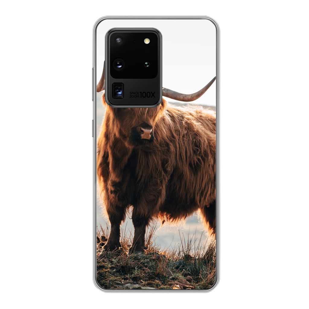 MuchoWow Handyhülle Schutzhülle Hülle für Samsung Galaxy S20 Ultra Schottische Highlander - Tiere - Ländlich - Landschaft - Kuh - Natur Sili...