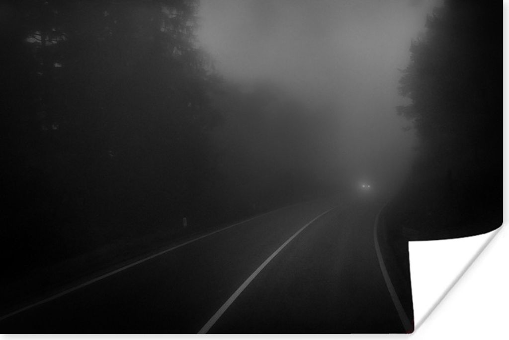 MuchoWow Poster Wald - Nebel - Scheinwerfer - Auto 180x120 cm - Fotoplakat