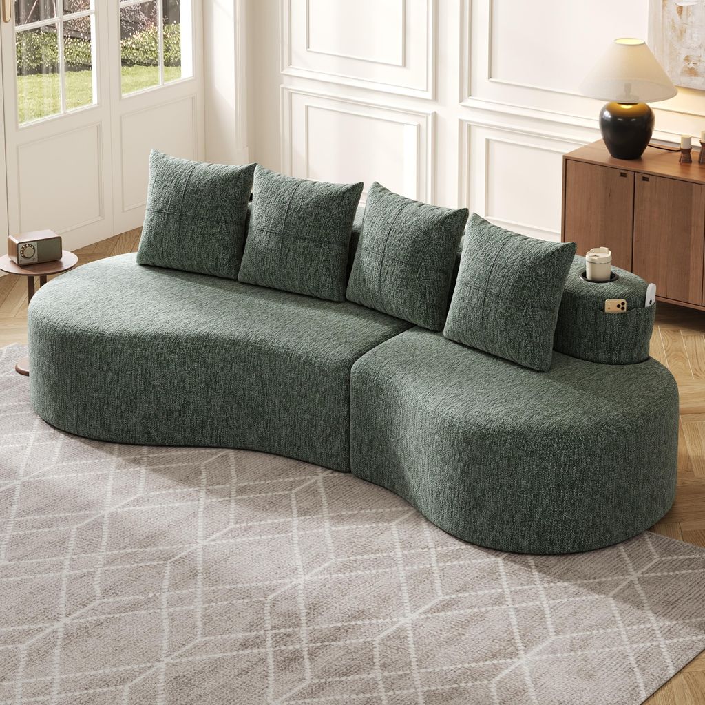 LVHOM Nierensofa Design Sofa Organisch Leinen, Geschwungene Couch 240cm mit Becherhalter & Seitentasche, 4 Kissen, Wohnzimmer Polstermöbel, Grün