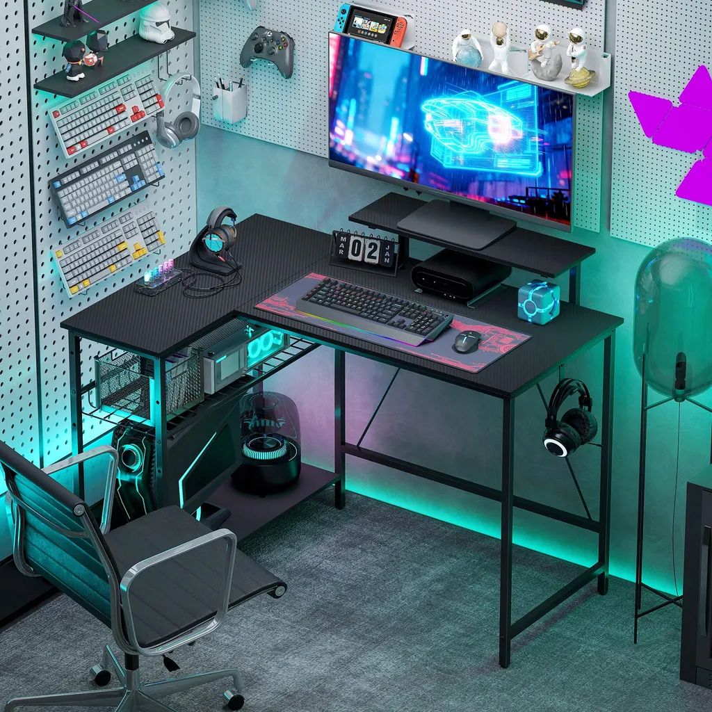 Bureau gamer d'angle compact pour setup streaming et informatique
