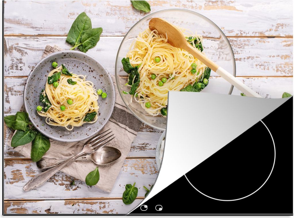 KitchenYeah Herdabdeckplatte Nudeln - Basilikum - Kochen , 77x59cm, Küche Deko, Glaskeramikkochfeld Herdabdeckung, Abdeckplatte fùr Kochfeld