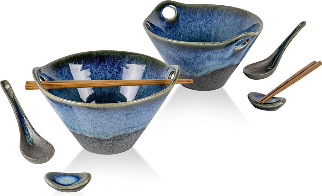Keramische Ramenkommen Set - 8-teilige Suppenkommen mit Essstäbchen und Löffel - 600 ml - Japanische Ramenkom für Getreide und Pasta - spülmasc...