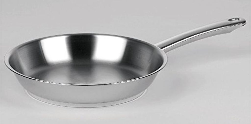 A stainless steel frying pan is shown against a light gray background.
