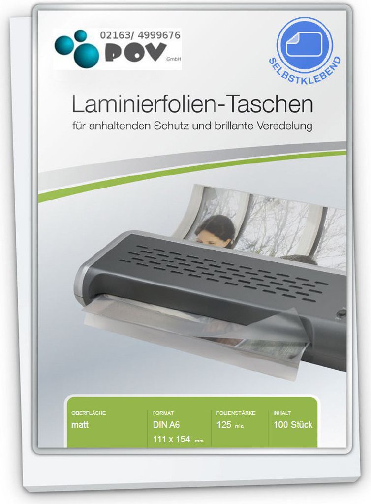 Laminierfolien A6 (111 x 154 mm), 2 x 125 mic, matt, mit selbstkl. Rückseite