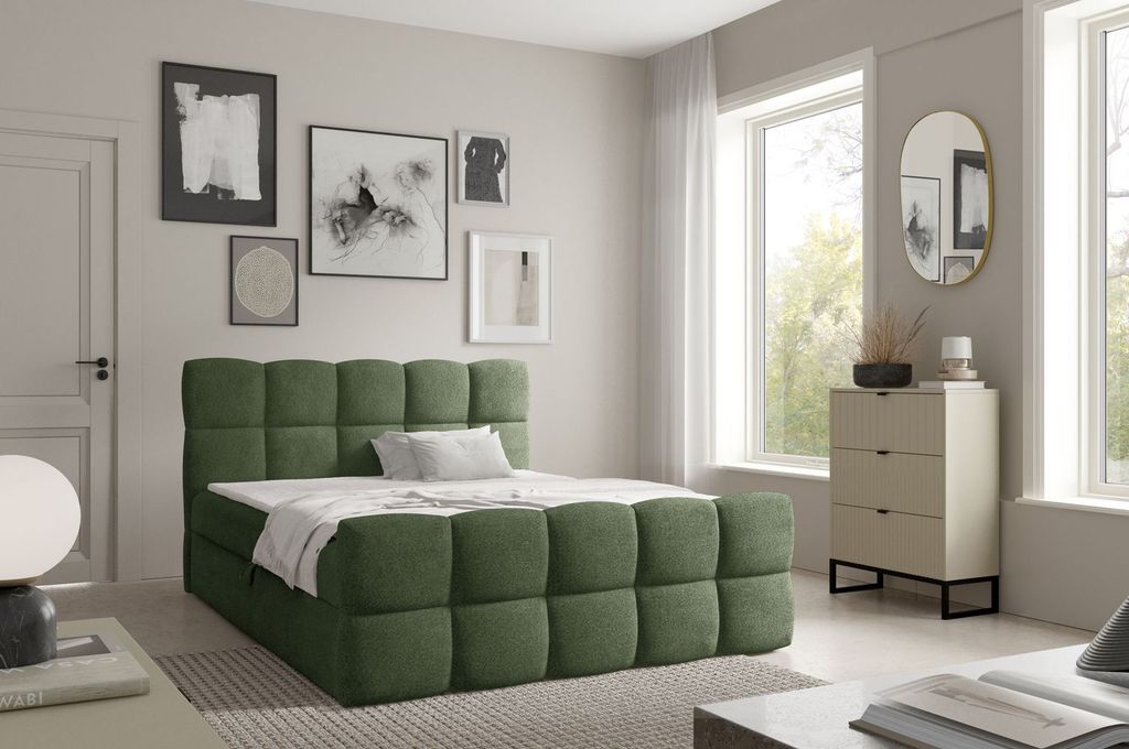 Kontinentales Bett 140x200 ISEMBARD - Flaschengrün + Matratzenauflage