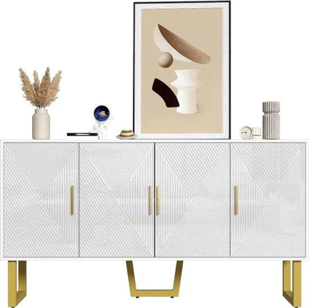 Buffet blanc salon avec étagères réglables et structure en bois robuste